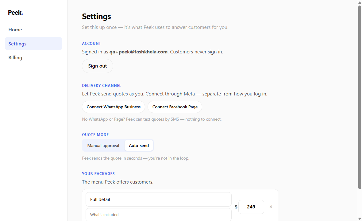 The real Peek shop dashboard — account, delivery channel, manual/auto quote mode, and the shop's package menu.